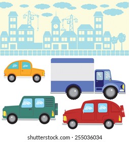 Vector set of objects. Seamless  border or pattern with a city silhouette on light background and four cars.Can be used as a illustration.