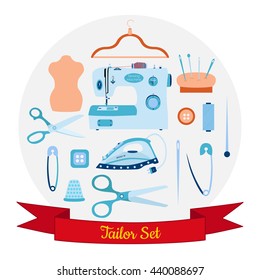 Vector set of objects for sewing, handicraft and tailor. Sewing tools and kit, equipment, needles, sewing machine, pin, iron, thread, hanger, thimble, manikin, scissors. Sew vector set.