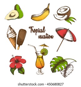 Vector set of objects for a tropical vacation. Summer fruit, cocktail, ice cream, tropical flower, palm leaf, parasol painted in graphic style. Multicolor freehand drawing. 