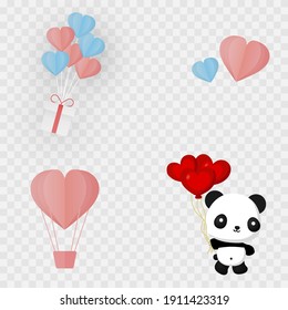 Vector set of objects for valentine's day. Paper hearts, confetti, love balloon, gift, panda with hearts, png. Valentine's Day.