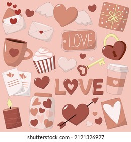 Vector Set of vector objects for Valentine's Day. Heart, candle, ​gift, key, envelope and others for decorative. Sticker cartoon style. Vector image