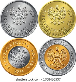 vector set of obverse Polish Money zloty and grosz gold and silver coins with eagle in a crown