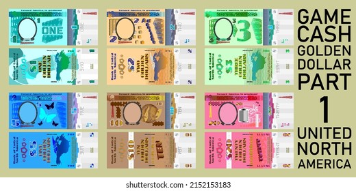 Vector set of obverse and reverse of gaming paper money. United North America gold dollar. Denominations 1, 2, 3, 5, 10 and 20. Part one