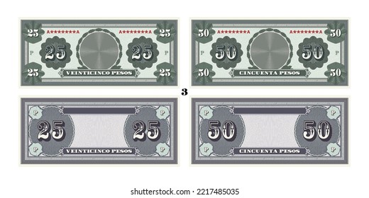 Vector set of obverse and reverse, paper gaming banknotes. Twenty five and fifty pesos are written in Spanish. Sample bills. Empty circle, vintage guilloche frames and grids. Part 3