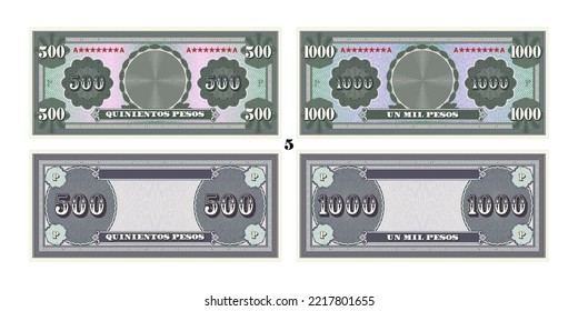 Vector set of obverse and reverse, paper gaming banknotes. Five hundred and one thousand pesos are written in Spanish. Sample bills. Empty circle, vintage guilloche frames and grids. Part 5