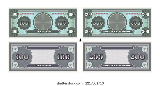 Vector set of obverse and reverse, paper gaming banknotes. One hundred and two hundred pesos are written in Spanish. Sample bills. Empty circle, vintage guilloche frames and grids. Part 4