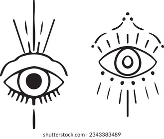Vector set of occult sign third eye. Mystic symbol for bohemian design. Vector illustration on ethnic style. Buddhist Eye. All seeing eye, freemason symbol in triangle with light ray, tattoo design