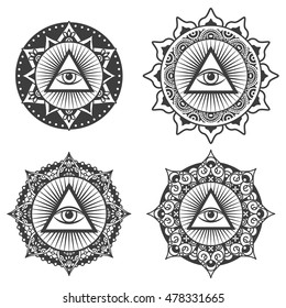 Vector set of occult sign third eye with ornamental mandala. Mystic symbol for bohemian design. Sacred tattoo eye in triangle