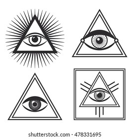 Vector set of occult sign third eye. Mystic symbol for bohemian design. Sacred tattoo eye in triangle