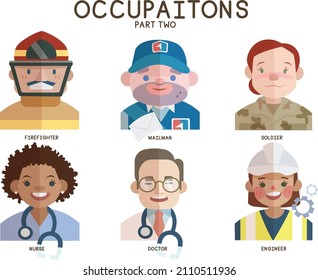 A vector set of occupation icons: firefighter, mailman, soldier, nurse, doctor, engineer.