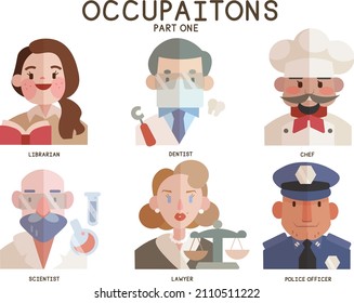 A vector set of occupation icons: librarian, dentist, chef, scientist, lawyer, police officer. 
