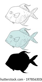 Vector set of ocean fish Selene. hand-drawn Selene sea fish in sketch style black outline and silhouette and silver image isolated vintage elements for menu design template, signage, labels