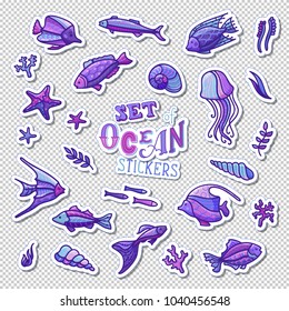 Vector set of ocean patches, stickers, embroidery and sticky labels. Various fish, sea plants, corals and algae, shells and starfish, jellyfish. Hand-drawn patch badges on transparent background.