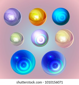 vector set of ocean pearls isolated on pastel color background; sparle reflected smooth polish 3d spheres of different colors; golden, silver, aquamarin, green, azure sea objects; 
precious elements.