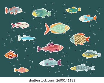 Vector Set of of Ocean and Sea Cartoon Fishes in various colors and patterns on dark blue water background with bubbles