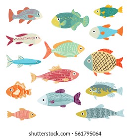 Vector Set of of Ocean and Sea Cartoon Fishes
