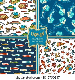 Vector set of ocean seamless patterns. Cartoon fish, jellyfish, starfish, shells and plants. Boundless background can be used for web page backgrounds, wallpapers, wrapping papers and invitations.