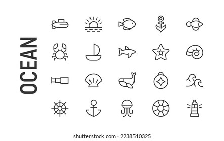 Vector set of ocean thin line icons. Design of 20 stroke pictograms. Signs of ocean isolated on a white background.