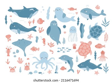 Vector Set Of Ocean Underwater Animals. Cute Cartoon Dolphin, Seal, Narwhal, Whale, Turtle, Shark, Octopus And Sea Plants. Flat Cartoon Characters On White Background.