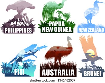 Vector set of Ocenia countries illustrations - New Zealand, Australia, Brunei, Papua New Guinea, Fiji, Philippines