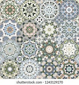 Vector set of octagonal and square ornaments. Decorative and design elements for textile, book covers, manufacturing, gift wrap. Oriental motif, green color.