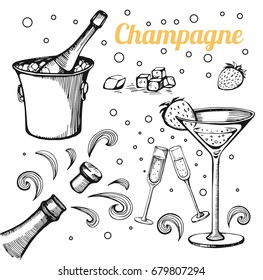 Vector set od hand drawn champagne