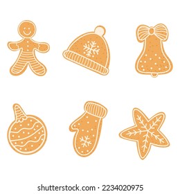 Vektor-Set mit verschiedenen Formen Weihnachtskuchen - Lebkuchenmann, Weihnachtsbaumball, Glocke, Pampelmuse-Mütze, Hut und Stern