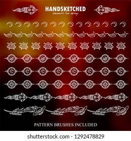 Vector set ofborders or dividers in vintage style. Sketches of Shuttle, UFO, stars, signs of moon, Sun, comet or meteorite elements, space theme. 