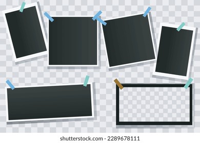 vector set off Polaroid photo frames fixed with adhesive tape on a transparent background. Photo frame on sticky tape, isolated.