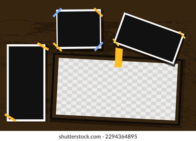 vector set off Polaroid photo frames fixed with adhesive tape on a transparent background. Photo frame on sticky tape, isolated.