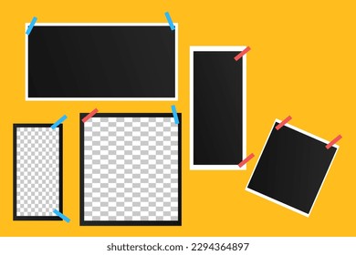 vector set off Polaroid photo frames fixed with adhesive tape on a transparent background. Photo frame on sticky tape, isolated.