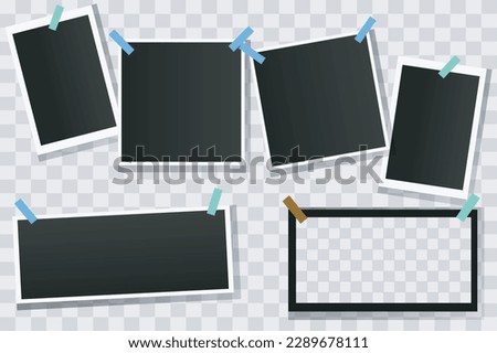 vector set off Polaroid photo frames fixed with adhesive tape on a transparent background. Photo frame on sticky tape, isolated.