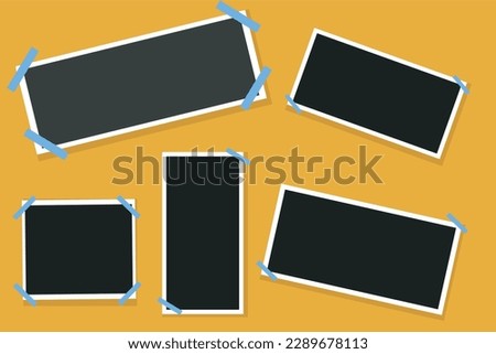 vector set off Polaroid photo frames fixed with adhesive tape on a transparent background. Photo frame on sticky tape, isolated.