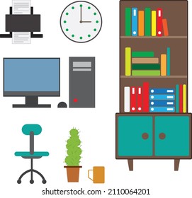 Vector set of office accessories.Book shelf and office accessories illustration for web and mobile.Office room vector.