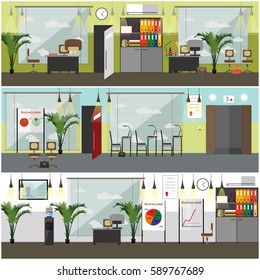 Vector set of office building interior concept posters, banners, backgrounds. Office equipment, furniture and supplies in flat style.