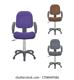 Vektorillustration mit Bürostühlen mit Rollen. Die Sessel sind auf blauem, grauem, braunem Schreibtisch verstellbar. Möbelstücke für den Arbeitsplatz in der Firma, zu Hause. Vorderseite. Flache Symbolsammlung einzeln auf Weiß.