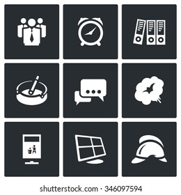 Vector Set of Office Fire Alarm Icons. Team, Time, Documentation, Smoko, Communication, Smoke, Urn, Surveillance, Firefighter. People, Folders, Ashtray, Dialogue, Smoke, Recycling, Monitor, Helmet. 