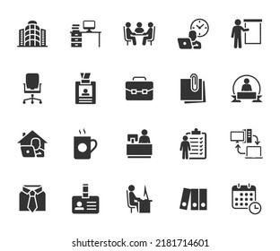 Vector set of office flat icons. Contains icons workplace, office building, dress code, work schedule, reception, work tasks, employee of the month, work from home and more. Pixel perfect.