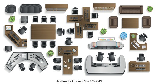 Vector set. Office furniture. (top view) Desks, chairs, cabinets, sofas, computers, conference room, reception. (view from above)