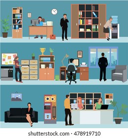 Vector set of office interior banners in flat style design. Business people and office workers. Company reception room