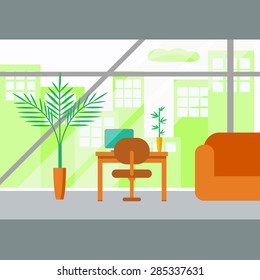 Vector set of office interior with furniture and different indoor plants in pot.