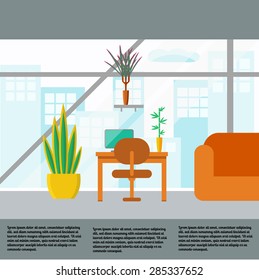 Vector set of office interior with furniture and different indoor plants in pot.