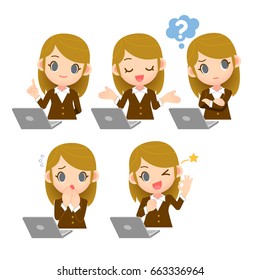 Vector set of office lady, employee, with computer notebook in different actions.