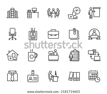 Vector set of office line icons. Contains icons workplace, office building, dress code, work schedule, reception, work tasks, employee of the month, work from home and more. Pixel perfect.