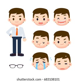 Vector set of office male character with different facial expressions isolated on white background.