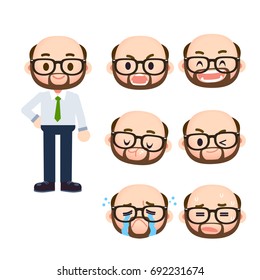 Vector set of office male character with different facial expressions isolated on white background.