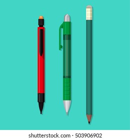 Vector set of office objects. Pencil plastic, wooden, ball-point pen. The writing objects with an eraser in flat style. School and office supplies.