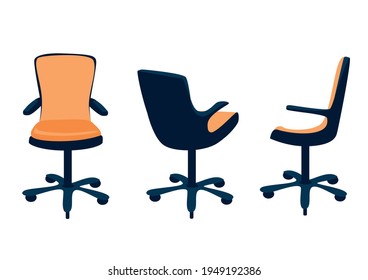 Vector set of office orange armchair in different angles in a simple modern style