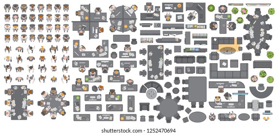 Vector Set Of Office. People At Work And Office Furniture. (top View) Desks, Chairs, Cabinets, Sofas, Computers, Conference Room, Reception. Men And Women In Different Poses. (view From Above)