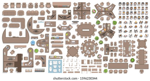 Vector set of office. People at work and office furniture. (top view) Desks, chairs, cabinets, sofas, computers, conference room, reception. Men and women in different poses. (view from above)